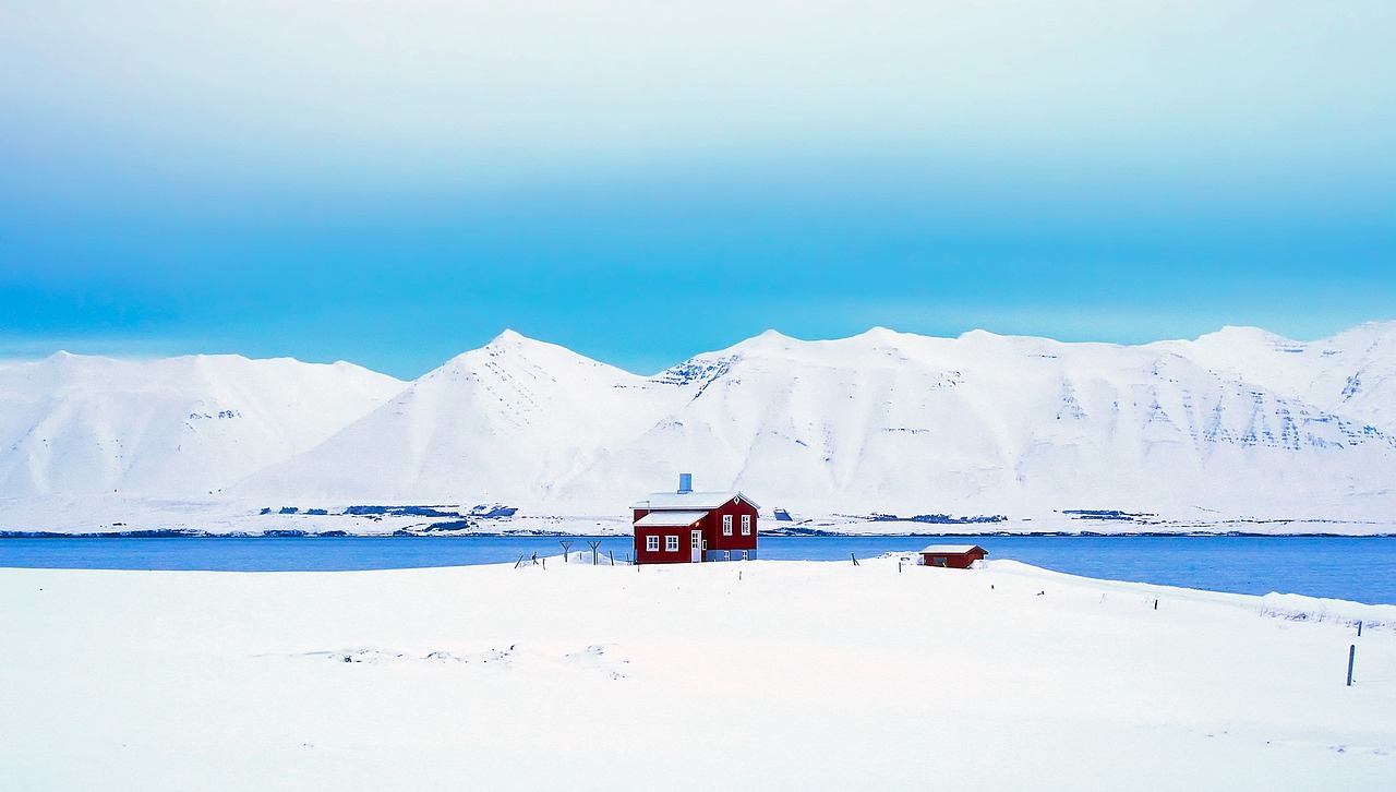 Iceland, panorama, hut, cottage, cabin, mountains, landscape, fjord, river, lake, snow, winter, cold, nature, outdoors, countryside, remote, isolated, hdr, blue river, blue snow, blue lake, iceland, i