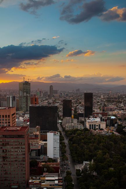 A breathtaking aerial view of Mexico City's skyline during sunset, showcasing modern architecture and skyscrapers.