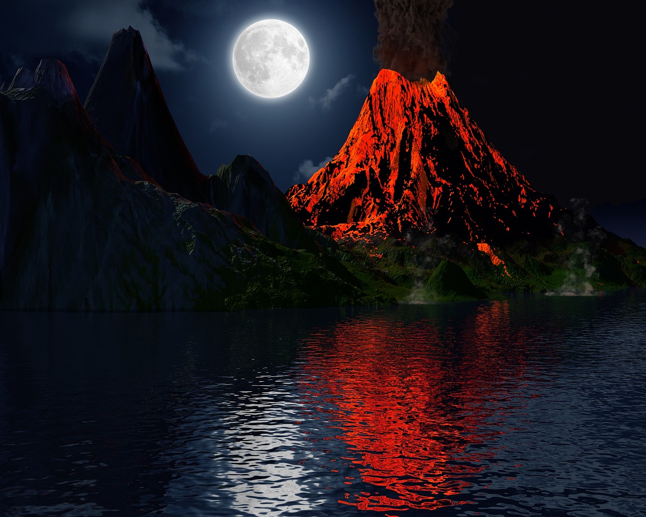 Volcano, eruption, moon, island, landscape, mountain, volcanic, nature, crater, earth, geology, planet, science, night, lunar, moonlight, earthquake, outdoor, lava, explosion, ash, danger, magma, expl