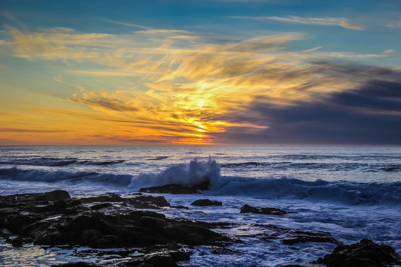 Ocean, sea, sunset, waves, coast, shore, blue sea, blue ocean, blue wave, dusk, twilight, afterglow, seascape, seashore, beach, rocky beach, nature, horizon, ocean waves