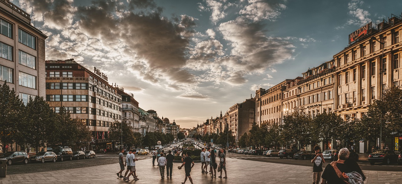 prague, wenceslas square, city, nature, buildings, urban, outdoors, square, tourists, people, capital, sunset, abendstimmung, panorama, czech republic