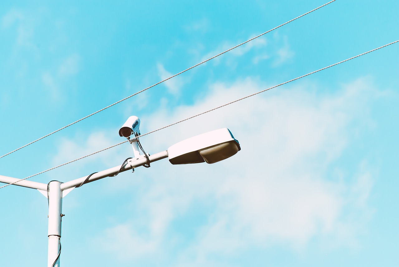 Cable, wire, pole, lamp, light, cctv, camera, nature, security, blue, sky, blue camera, blue sky, blue security, blue lamp