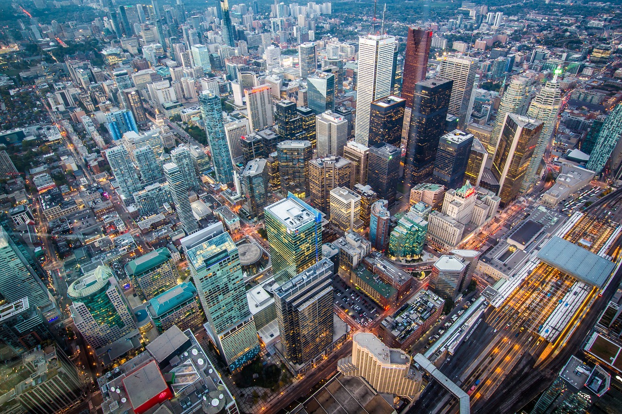 Aerial, view, architecture, buildings, infrastructure, city, skyline, tower, road, lights, rooftops